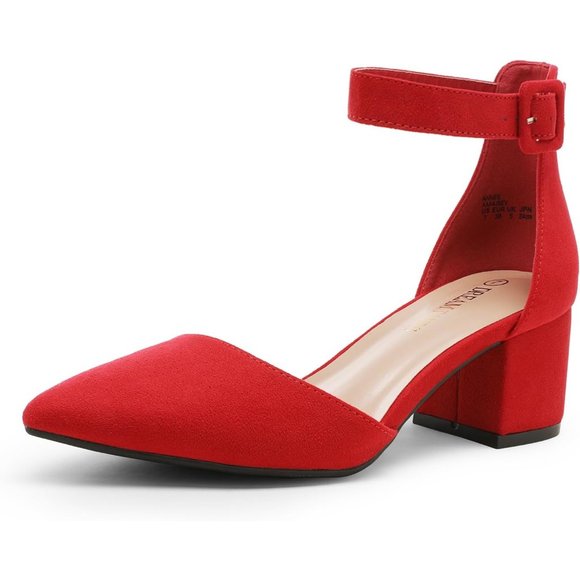 Shoes - Pointed Toe Low Chunky Red Heels Pump Shoes anti-slip outsole Adjustable Buckle